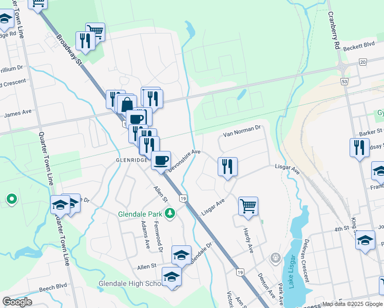 map of restaurants, bars, coffee shops, grocery stores, and more near 67 Devonshire Avenue in Tillsonburg