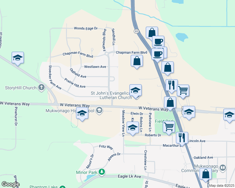 map of restaurants, bars, coffee shops, grocery stores, and more near 511 Stoecker Farm Avenue in Mukwonago