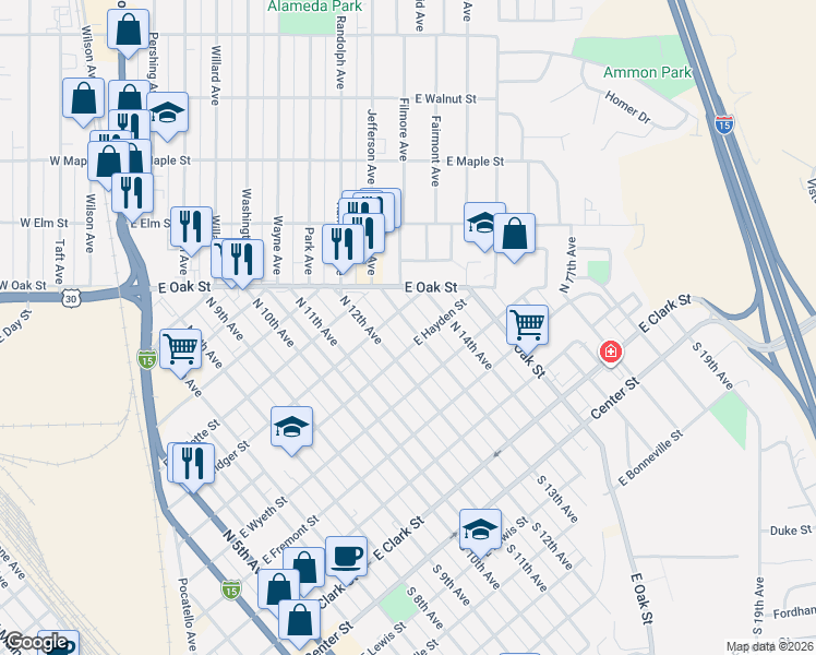 map of restaurants, bars, coffee shops, grocery stores, and more near 634 North 13th Avenue in Pocatello