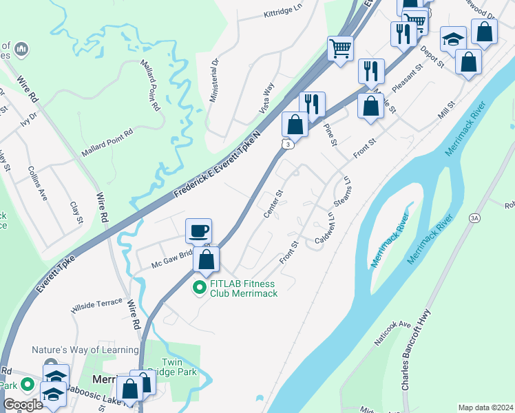 map of restaurants, bars, coffee shops, grocery stores, and more near 52 London Court in Merrimack