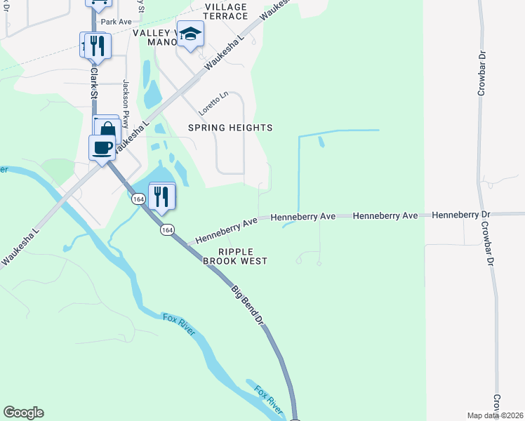 map of restaurants, bars, coffee shops, grocery stores, and more near S92W22460 Henneberry Avenue in Big Bend
