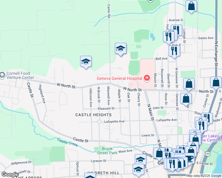 map of restaurants, bars, coffee shops, grocery stores, and more near 7 Maxwell Avenue in Geneva