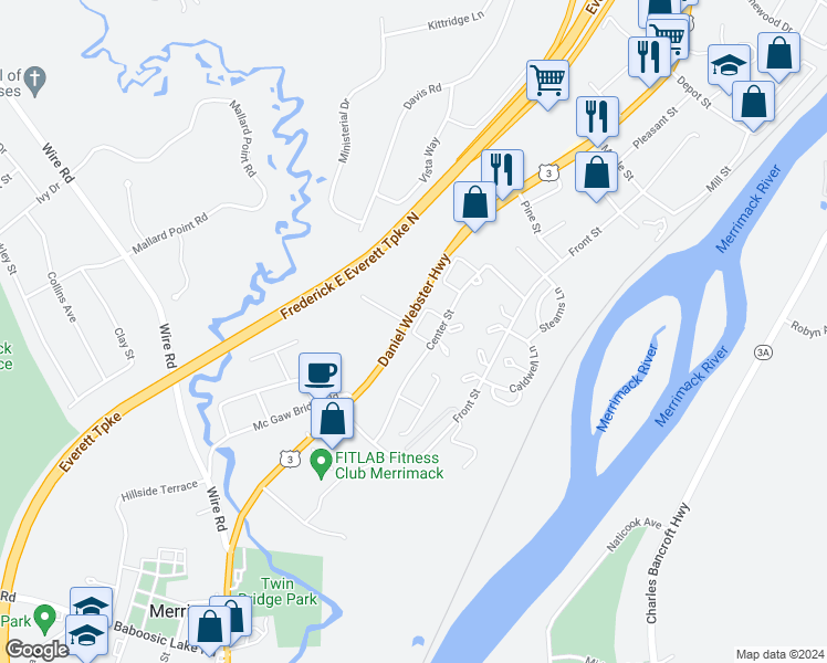 map of restaurants, bars, coffee shops, grocery stores, and more near 61 London Court in Merrimack