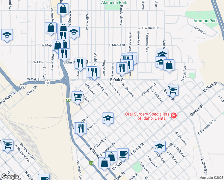 map of restaurants, bars, coffee shops, grocery stores, and more near 825 North 11th Avenue in Pocatello