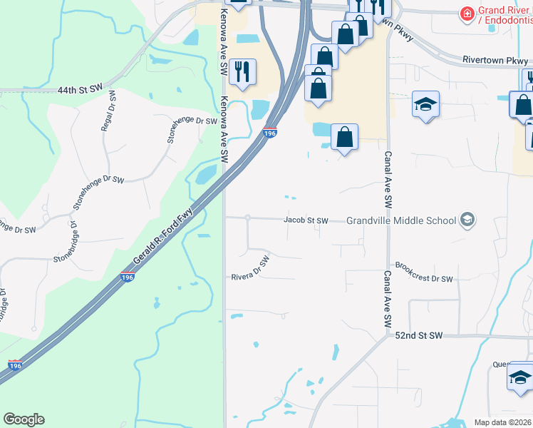 map of restaurants, bars, coffee shops, grocery stores, and more near 4693 Jacob Street Southwest in Wyoming