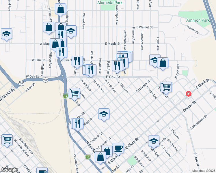 map of restaurants, bars, coffee shops, grocery stores, and more near 825 North 11th Avenue in Pocatello