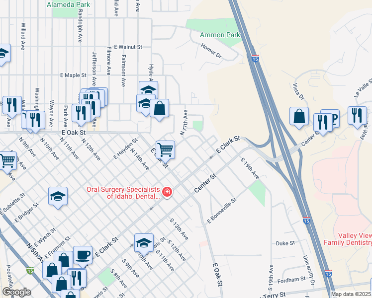 map of restaurants, bars, coffee shops, grocery stores, and more near 11 North 17th Avenue in Pocatello