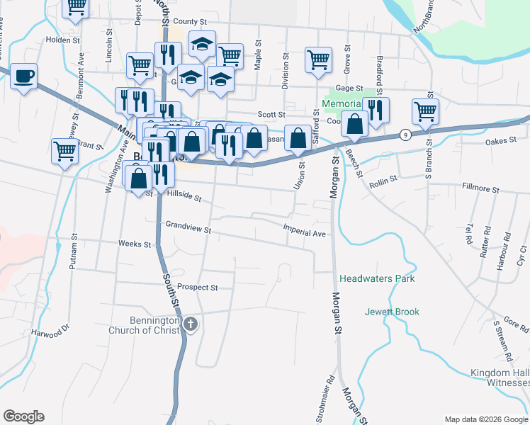 map of restaurants, bars, coffee shops, grocery stores, and more near 105 Booth Terrace in Bennington