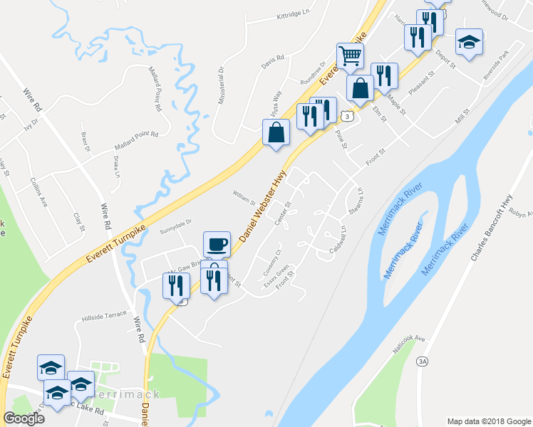 map of restaurants, bars, coffee shops, grocery stores, and more near 65 London Court in Merrimack