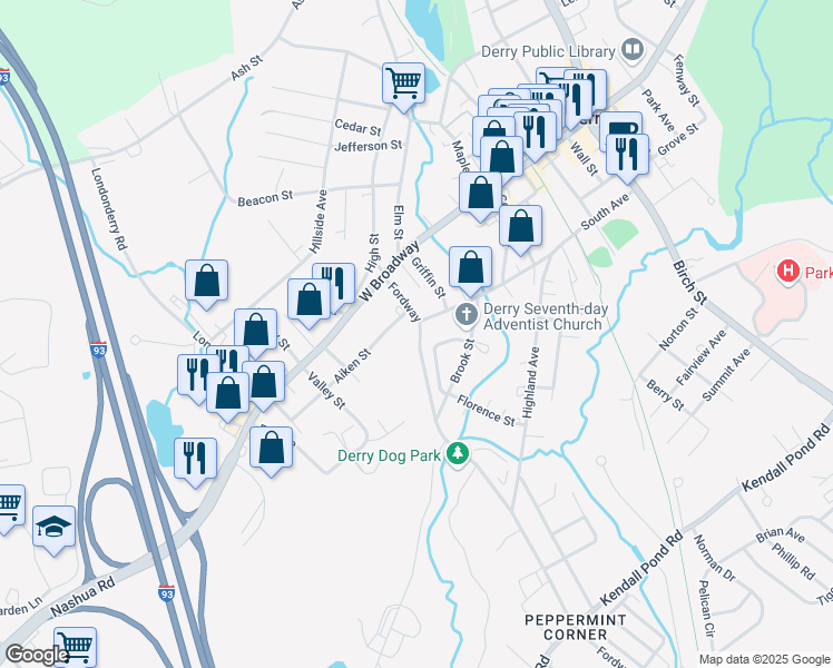map of restaurants, bars, coffee shops, grocery stores, and more near 15 Fordway in Derry