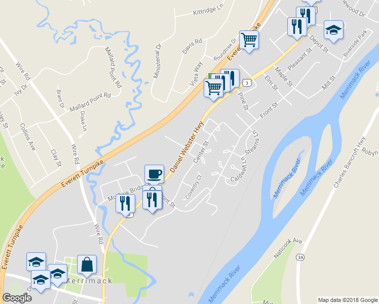 map of restaurants, bars, coffee shops, grocery stores, and more near 66 London Court in Merrimack