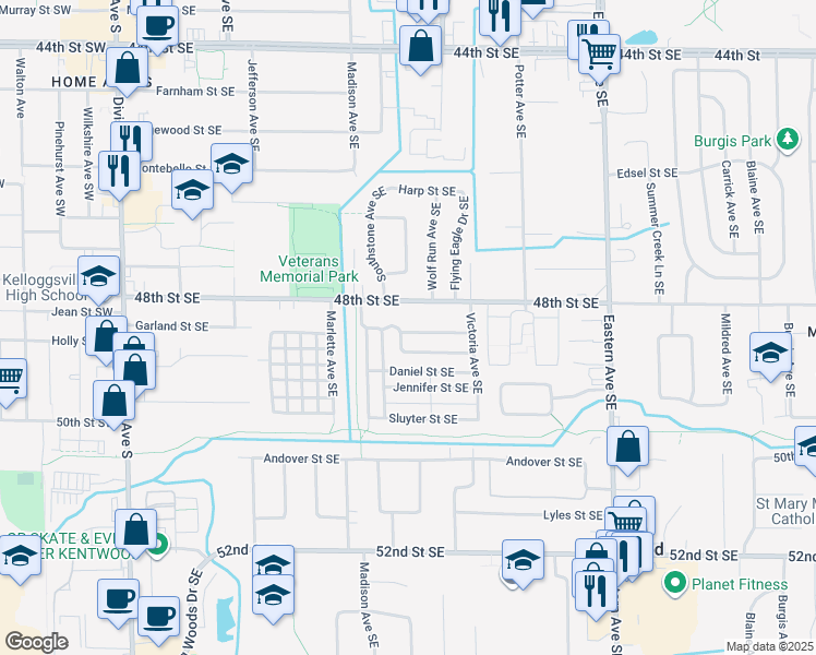 map of restaurants, bars, coffee shops, grocery stores, and more near 555 Garland Street Southeast in Kentwood