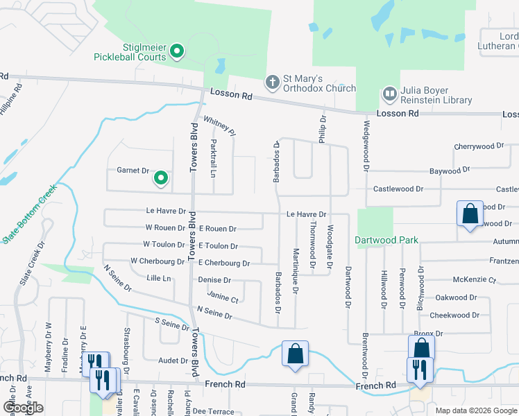 map of restaurants, bars, coffee shops, grocery stores, and more near 218 Le Havre Drive in Buffalo