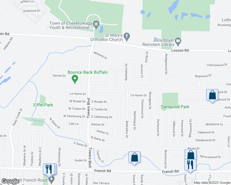 map of restaurants, bars, coffee shops, grocery stores, and more near 218 Le Havre Drive in Buffalo