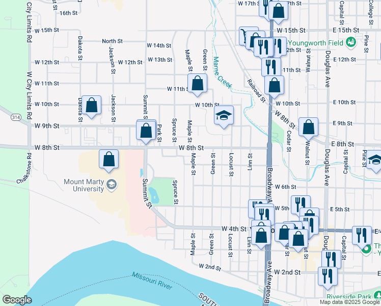 map of restaurants, bars, coffee shops, grocery stores, and more near 807 West 8th Street in Yankton