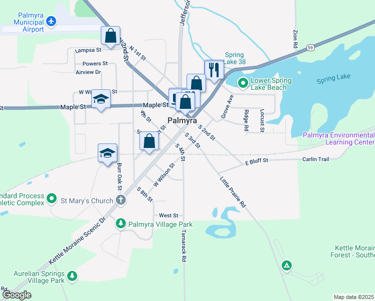 map of restaurants, bars, coffee shops, grocery stores, and more near 409 West Wilson Street in Palmyra