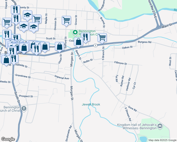 map of restaurants, bars, coffee shops, grocery stores, and more near 211 Beech Street in Bennington