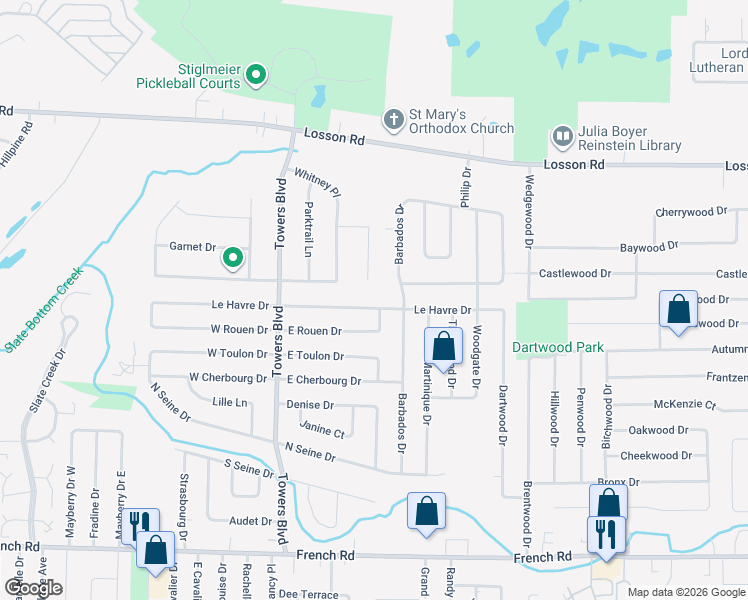 map of restaurants, bars, coffee shops, grocery stores, and more near 218 Le Havre Drive in Buffalo