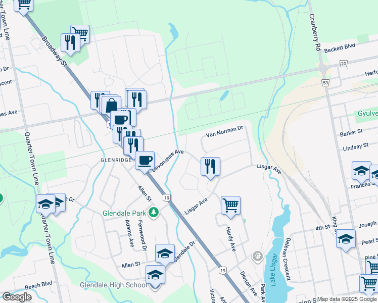 map of restaurants, bars, coffee shops, grocery stores, and more near 64 Devonshire Avenue in Tillsonburg