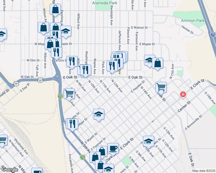 map of restaurants, bars, coffee shops, grocery stores, and more near 804 North 11th Avenue in Pocatello