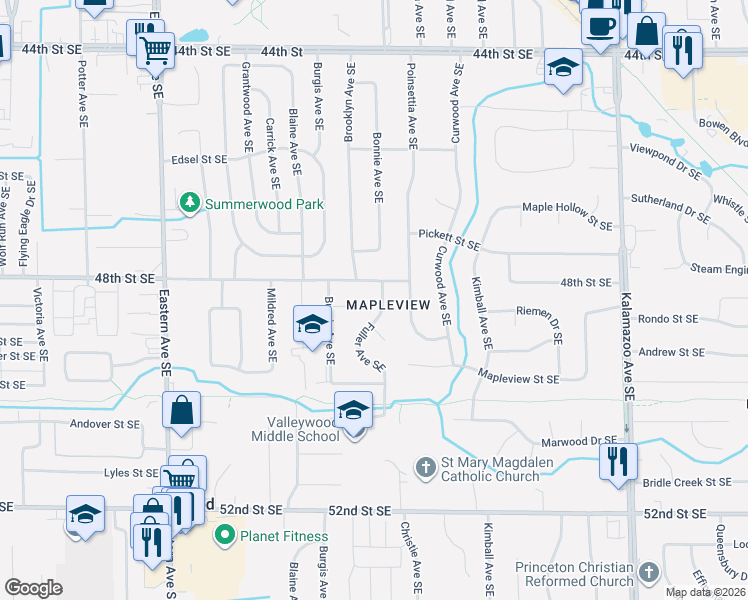 map of restaurants, bars, coffee shops, grocery stores, and more near 4821 Fuller Avenue Southeast in Kentwood