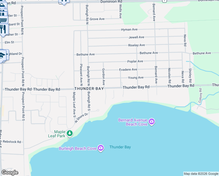 map of restaurants, bars, coffee shops, grocery stores, and more near 3264 Thunder Bay Road in Fort Erie