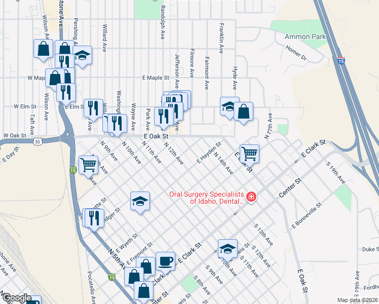 map of restaurants, bars, coffee shops, grocery stores, and more near 651 North 13th Avenue in Pocatello