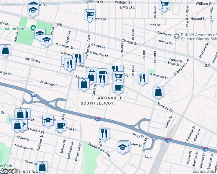 map of restaurants, bars, coffee shops, grocery stores, and more near 701 Seneca Street in Buffalo