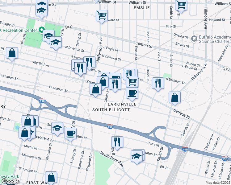 map of restaurants, bars, coffee shops, grocery stores, and more near 701 Seneca St in Buffalo