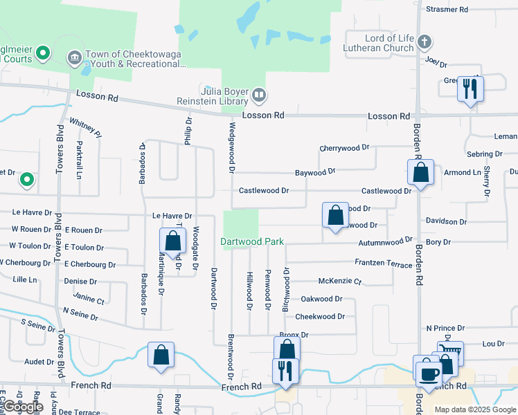 map of restaurants, bars, coffee shops, grocery stores, and more near 6 Knollwood Drive in Cheektowaga