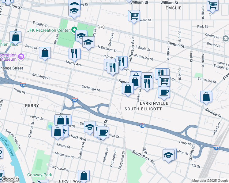 map of restaurants, bars, coffee shops, grocery stores, and more near 566 Exchange Street in Buffalo