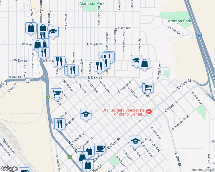map of restaurants, bars, coffee shops, grocery stores, and more near 724 North 12th Avenue in Pocatello