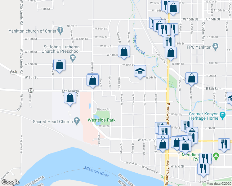 map of restaurants, bars, coffee shops, grocery stores, and more near 807 West 8th Street in Yankton