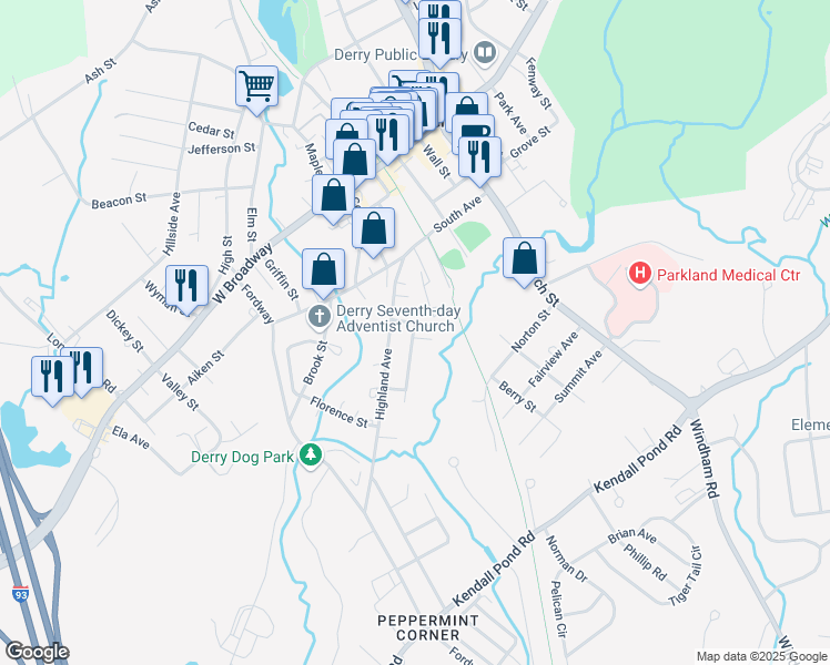 map of restaurants, bars, coffee shops, grocery stores, and more near 5 Davis Ct in Derry