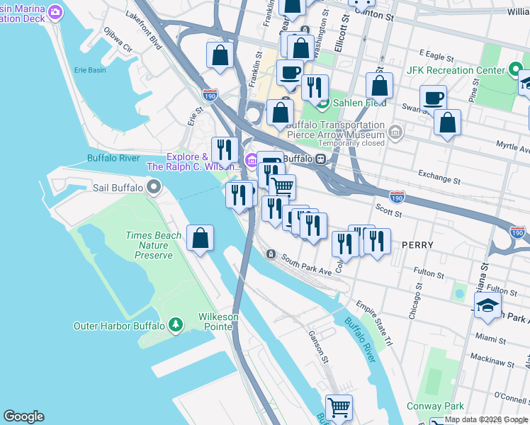 map of restaurants, bars, coffee shops, grocery stores, and more near 1 Seymour H Knox III Plaza in Buffalo