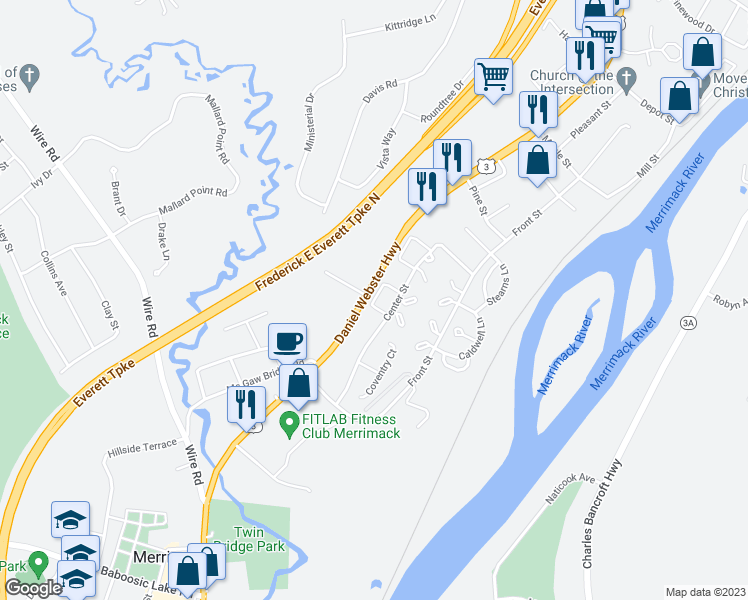 map of restaurants, bars, coffee shops, grocery stores, and more near 78 London Court in Merrimack