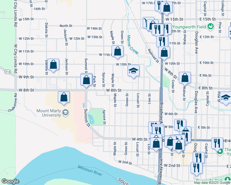 map of restaurants, bars, coffee shops, grocery stores, and more near 716 Maple Street in Yankton