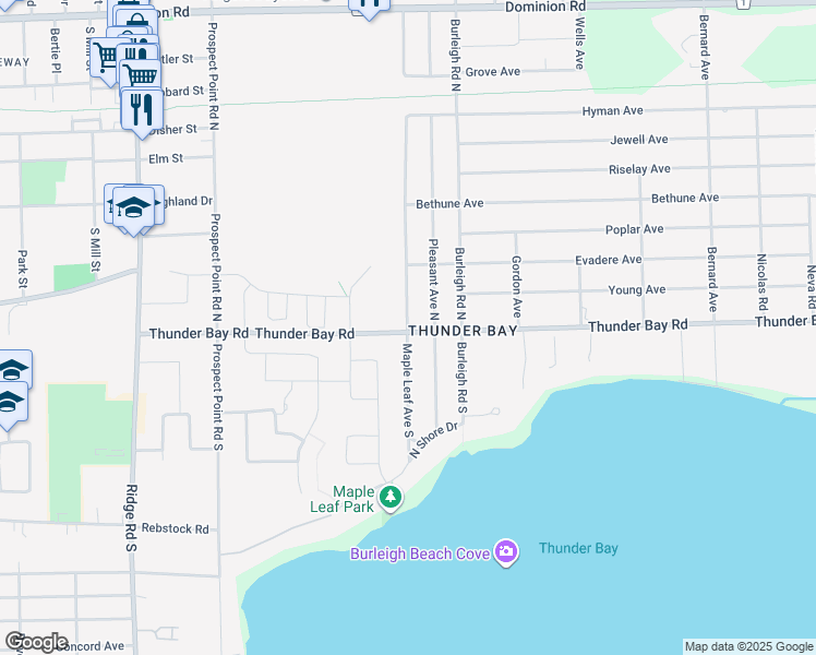 map of restaurants, bars, coffee shops, grocery stores, and more near 69 Maple Leaf Avenue North in Fort Erie