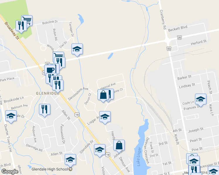 map of restaurants, bars, coffee shops, grocery stores, and more near 21 Centennial Avenue in Tillsonburg