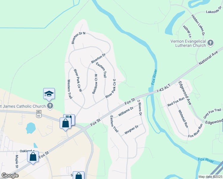 map of restaurants, bars, coffee shops, grocery stores, and more near 1238 River Park Circle East in Mukwonago