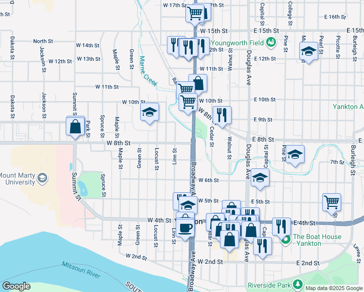 map of restaurants, bars, coffee shops, grocery stores, and more near 411 West 8th Street in Yankton