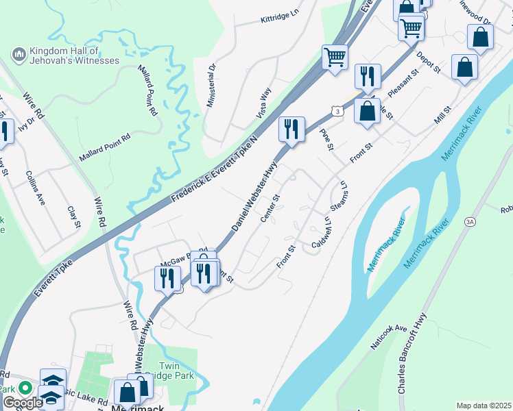 map of restaurants, bars, coffee shops, grocery stores, and more near 84 London Court in Merrimack