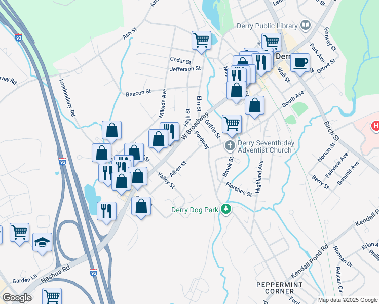 map of restaurants, bars, coffee shops, grocery stores, and more near 9 Aiken Street in Derry