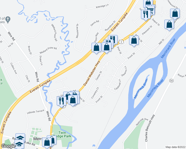 map of restaurants, bars, coffee shops, grocery stores, and more near 10 London Court in Merrimack