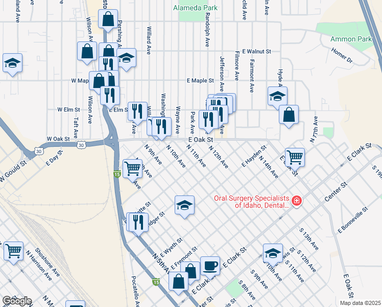 map of restaurants, bars, coffee shops, grocery stores, and more near 835 North 11th Avenue in Pocatello
