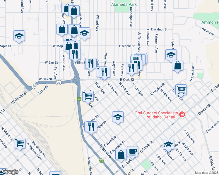 map of restaurants, bars, coffee shops, grocery stores, and more near 931 North 10th Avenue in Pocatello