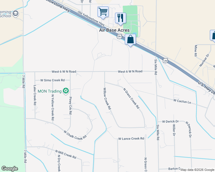 map of restaurants, bars, coffee shops, grocery stores, and more near 2131 Willow Creek Road in Casper