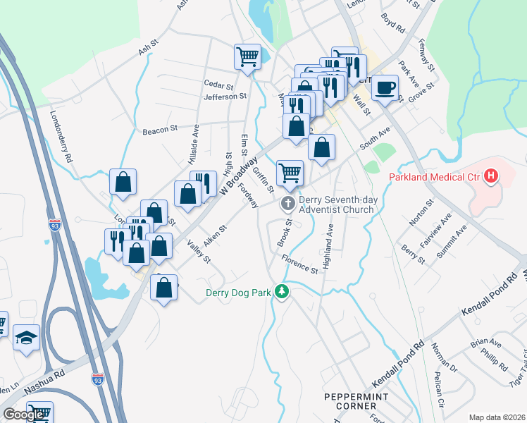 map of restaurants, bars, coffee shops, grocery stores, and more near 15 Fordway in Derry