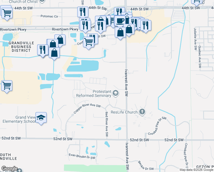 map of restaurants, bars, coffee shops, grocery stores, and more near 4833 Ivanrest Avenue Southwest in Wyoming