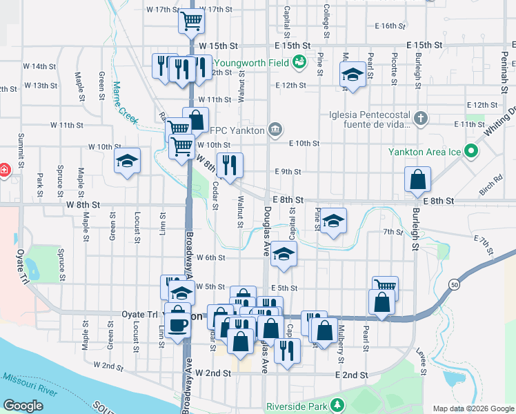 map of restaurants, bars, coffee shops, grocery stores, and more near in Yankton